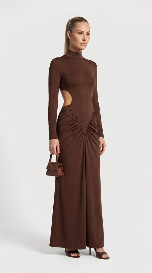 Aret - Ruched Cut-Out Mock-Neck Maxi Dress Brown