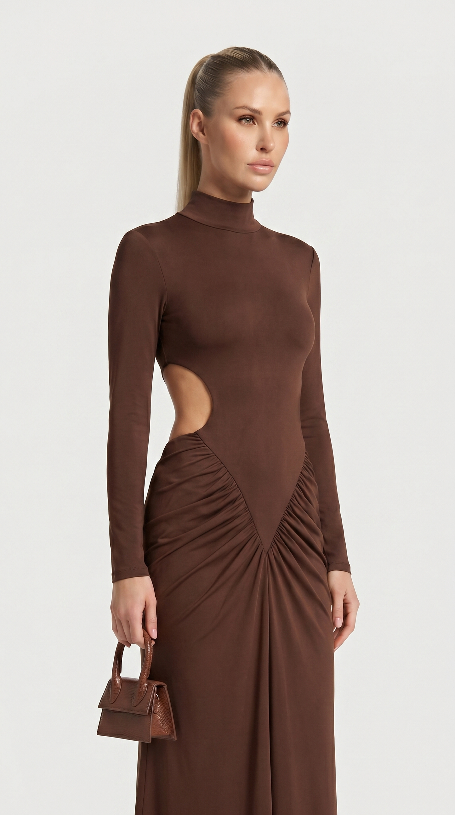 Aret - Ruched Cut-Out Mock-Neck Maxi Dress Brown