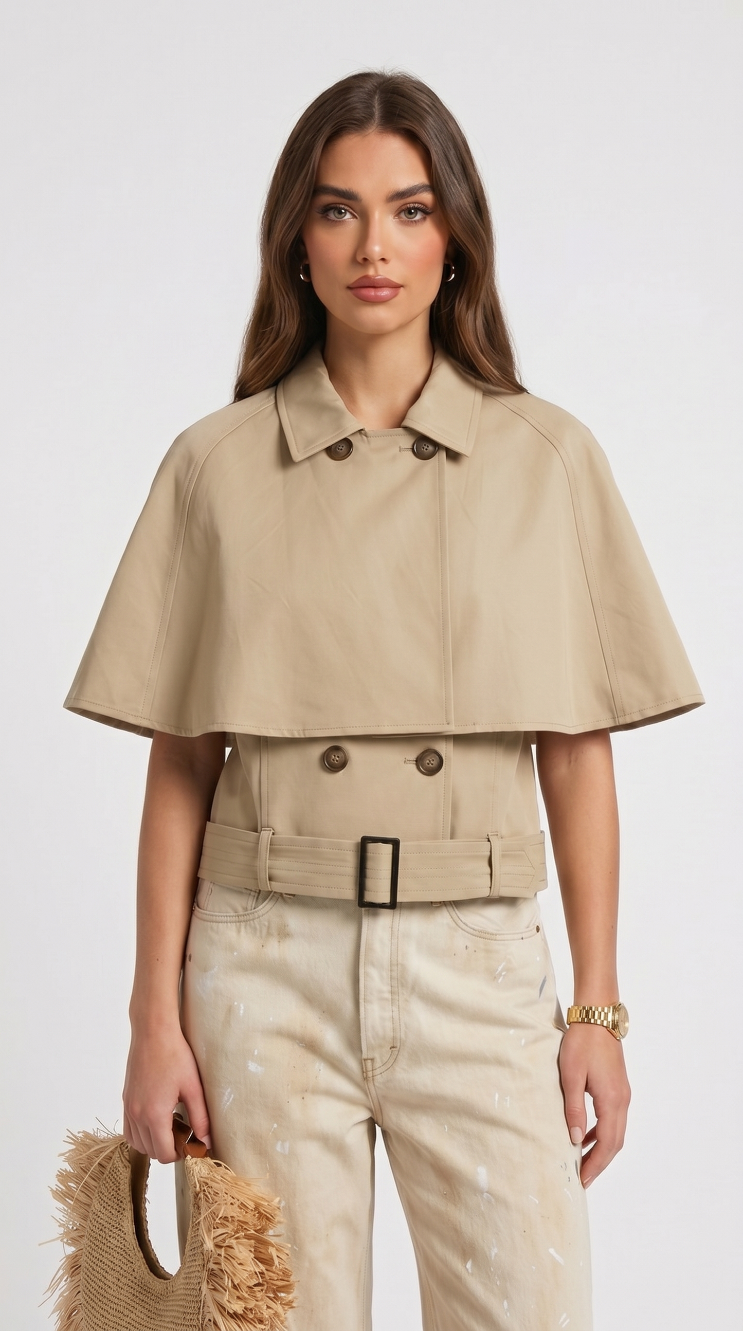 Arce - Cropped Trench Cape with Belted Waist