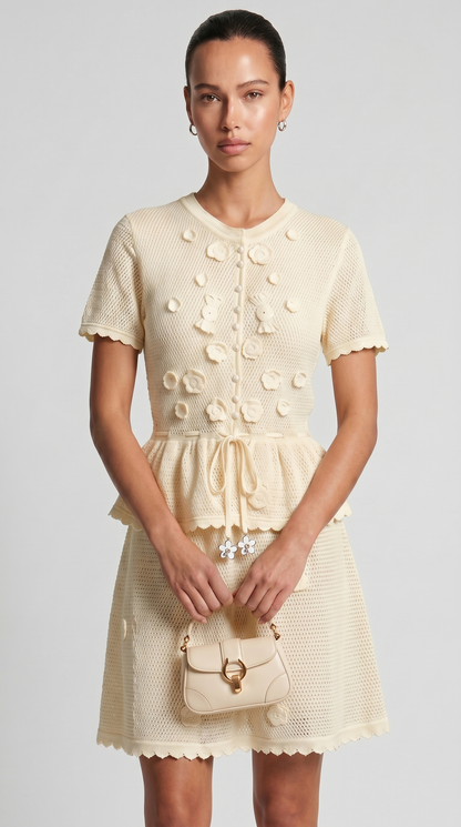 Alsi - 3D Floral-Appliqué Knit Cardigan & Skirt Set
