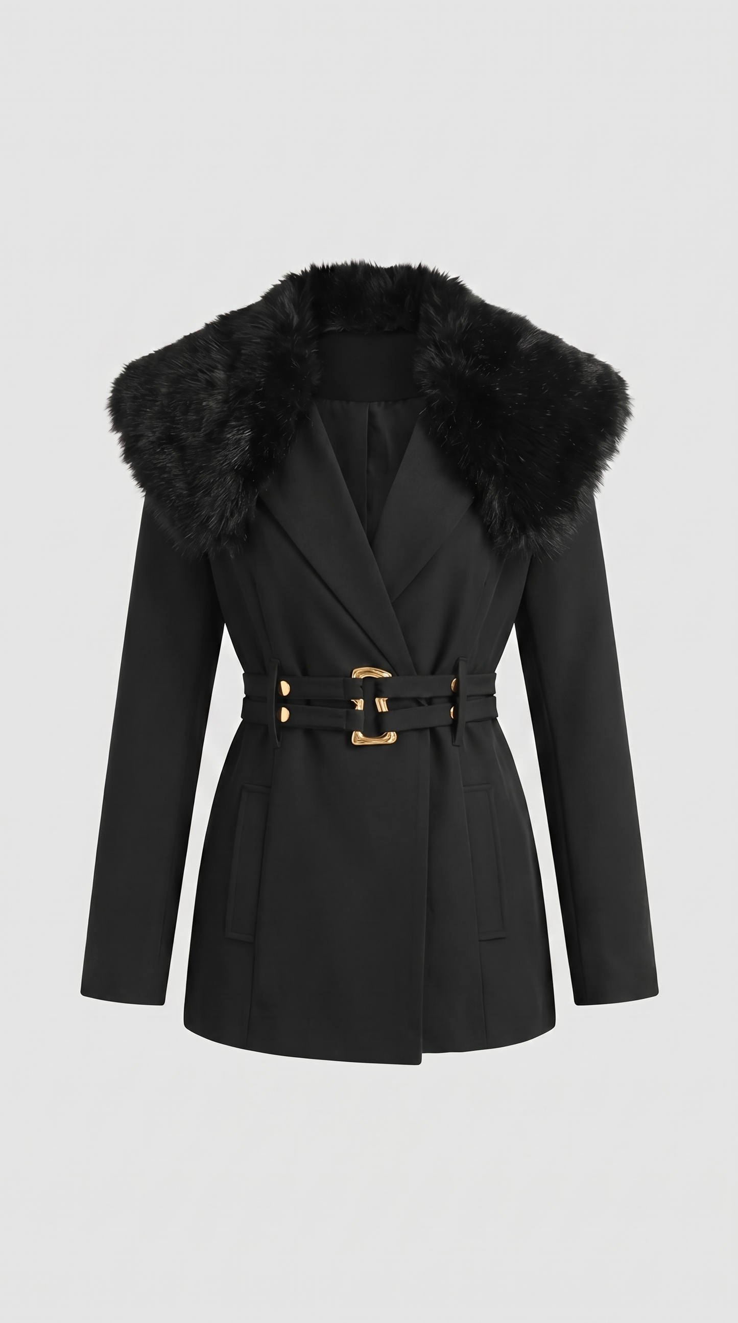 Eldorin - Fur-Collar Tailored Coat with Double-Strap Belt with Gold Hardware