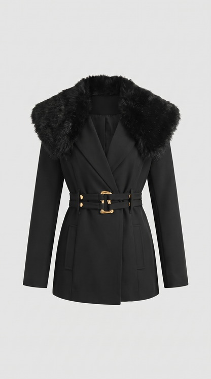 Eldorin - Fur-Collar Tailored Coat with Double-Strap Belt with Gold Hardware