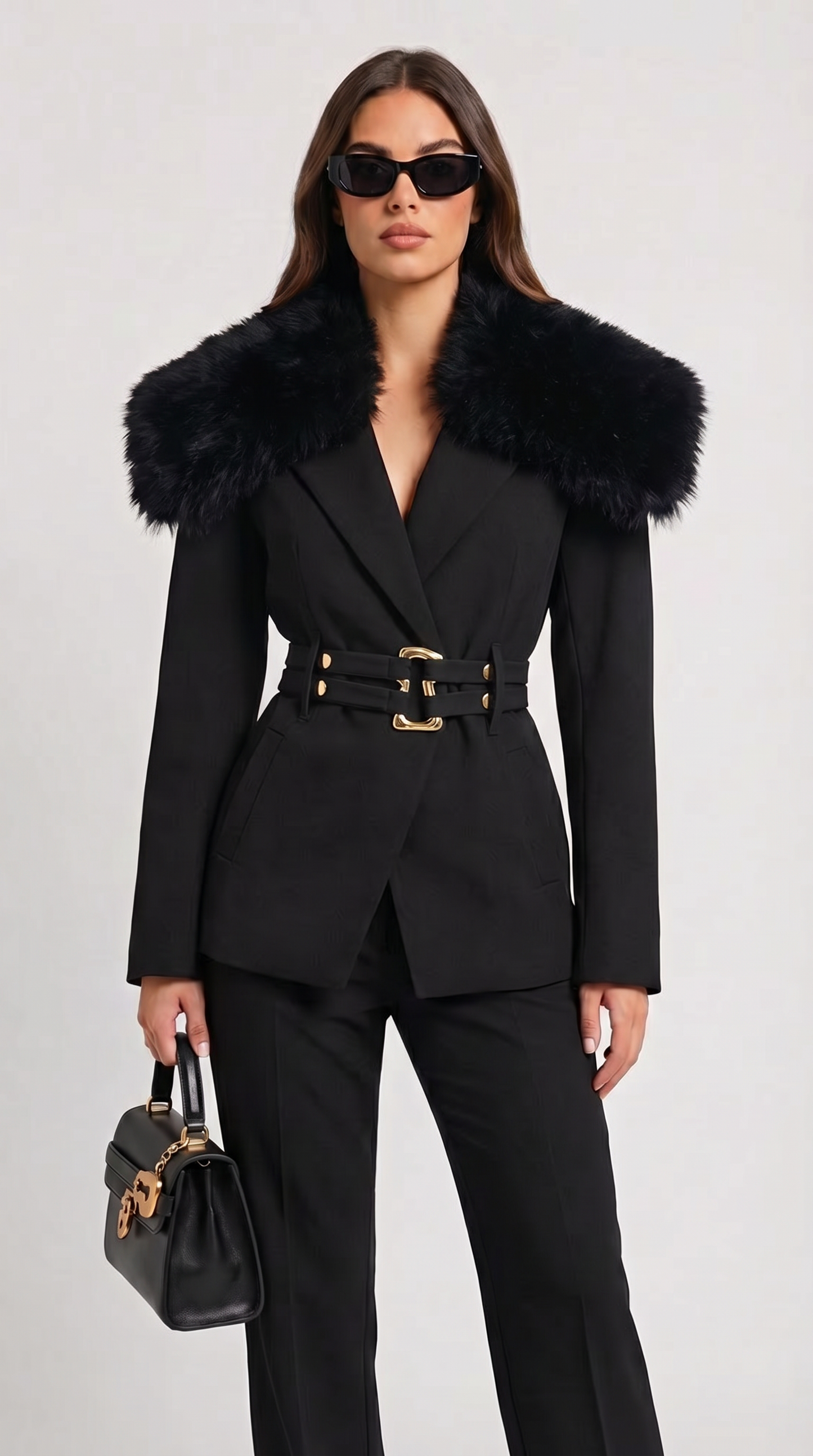 Eldorin - Fur-Collar Tailored Coat with Double-Strap Belt with Gold Hardware