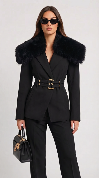 Eldorin - Fur-Collar Tailored Coat with Double-Strap Belt with Gold Hardware