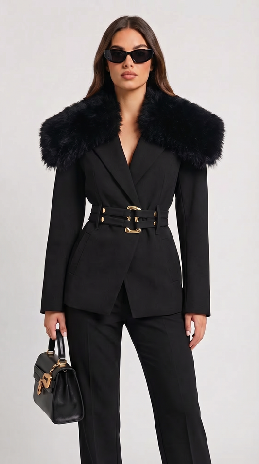 Eldorin - Fur-Collar Tailored Coat with Double-Strap Belt with Gold Hardware