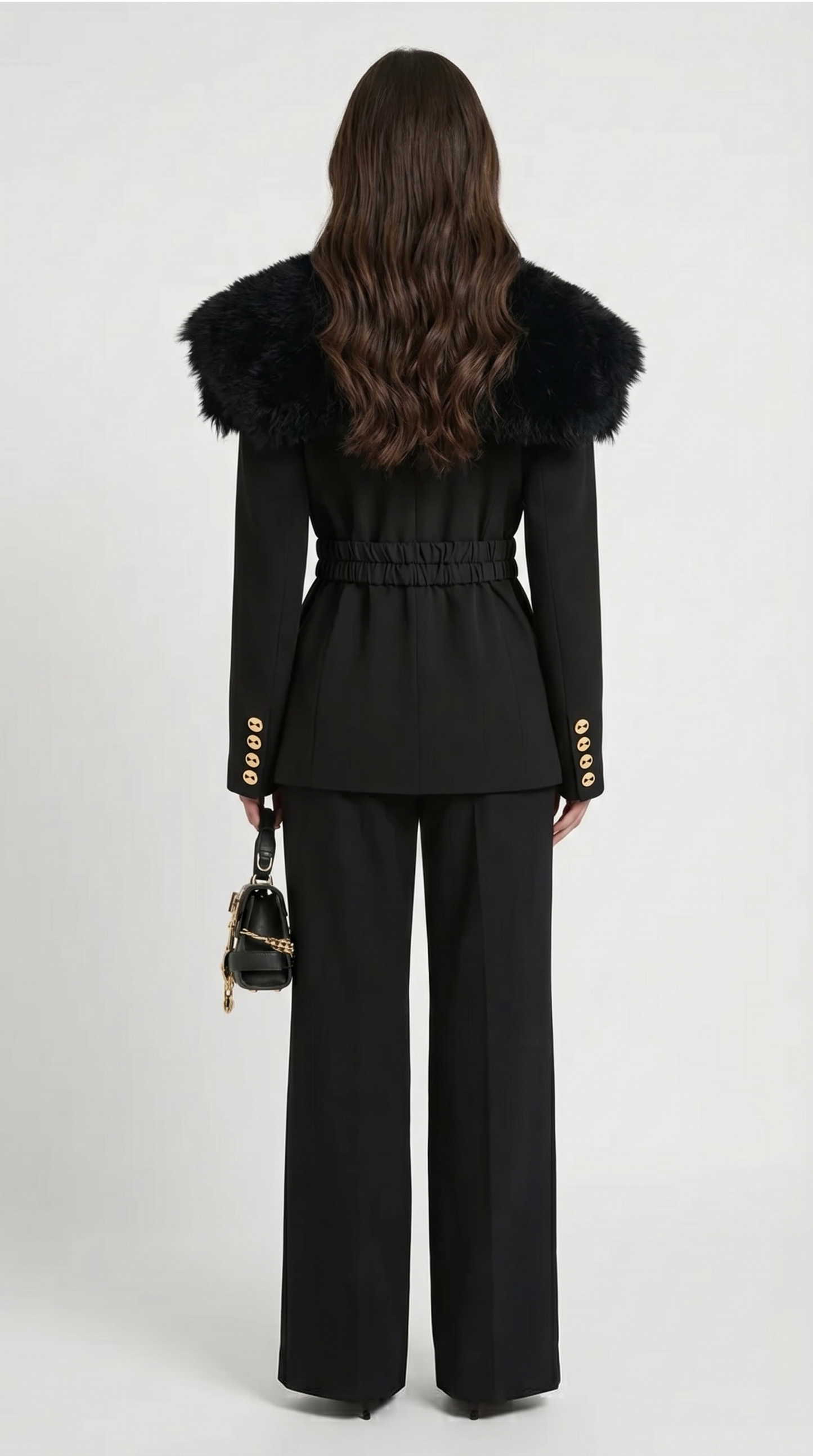 Eldorin - Fur-Collar Tailored Coat with Double-Strap Belt with Gold Hardware