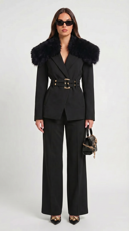 Eldorin - Fur-Collar Tailored Coat with Double-Strap Belt with Gold Hardware