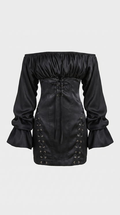 Diana - Off-the-Shoulder Lace-Up Corset Mini Dress Black