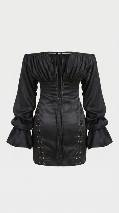 Diana - Off-the-Shoulder Lace-Up Corset Mini Dress Black