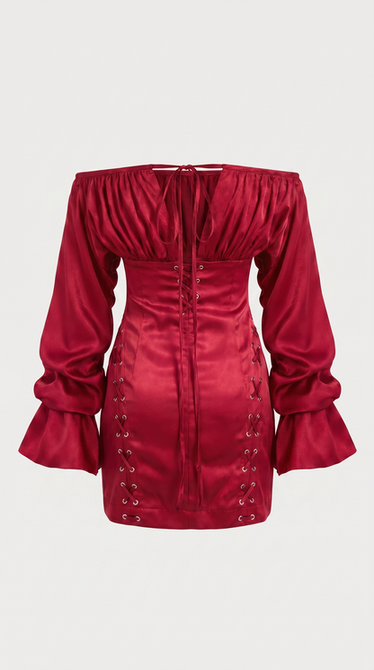 Diana - Off-the-Shoulder Lace-Up Corset Mini Dress Red