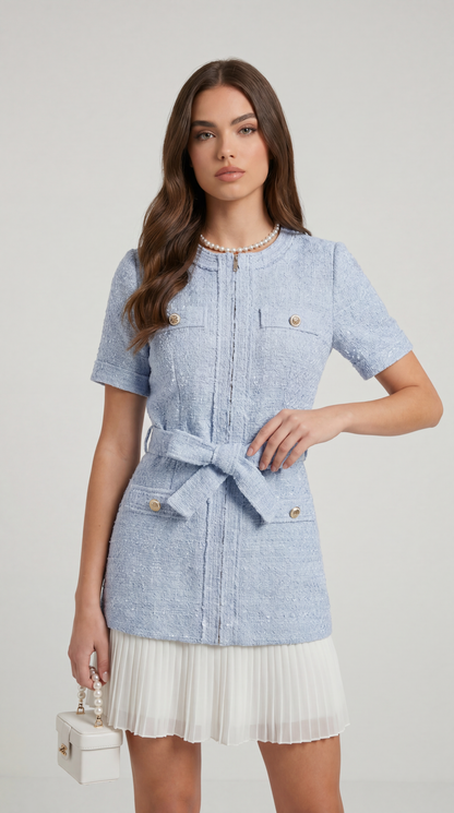 Oli - Belted Tweed & Pleated Chiffon Dress