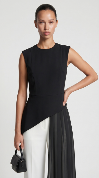 Mara - Asymmetrical Chiffon-Draped Peplum Top Black