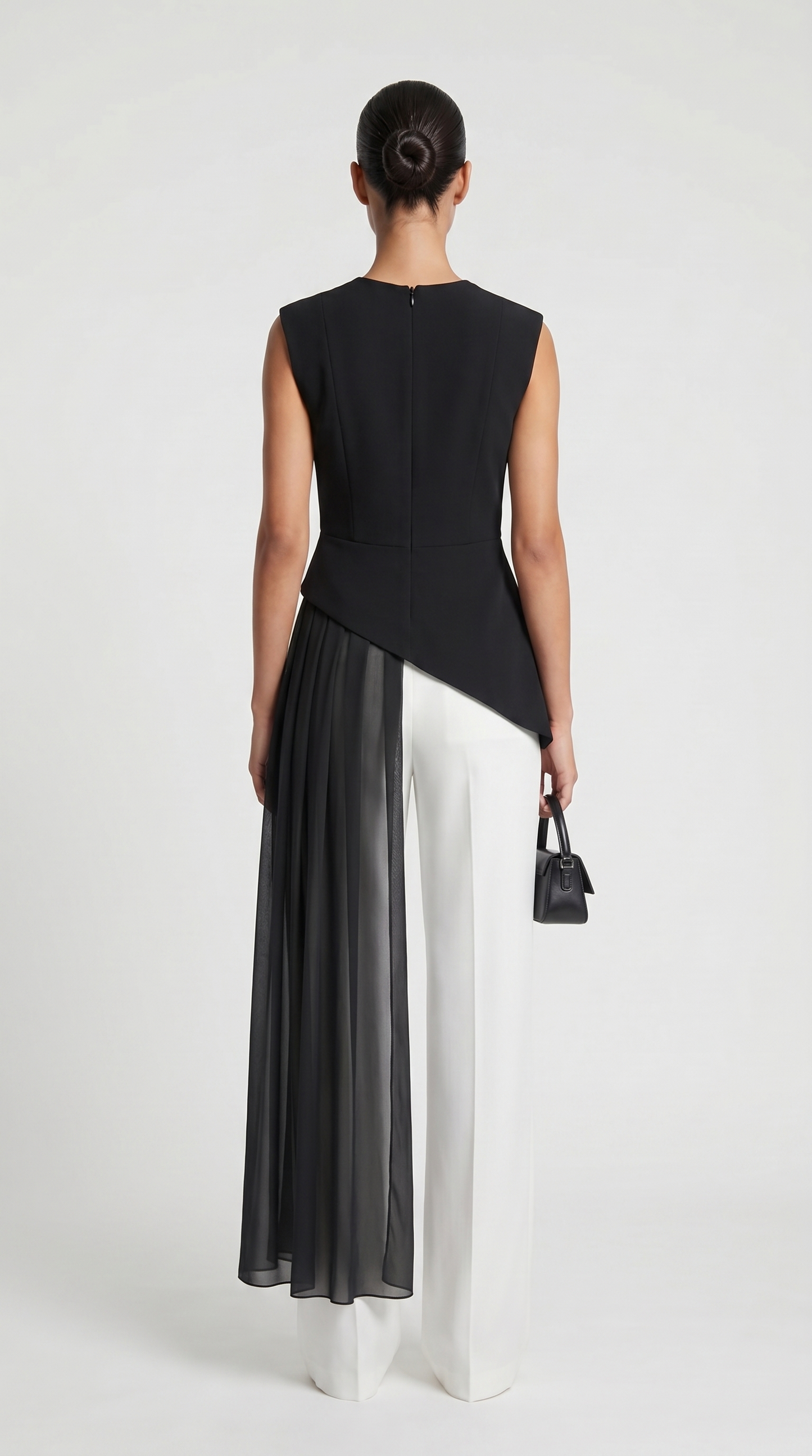 Mara - Asymmetrical Chiffon-Draped Peplum Top Black