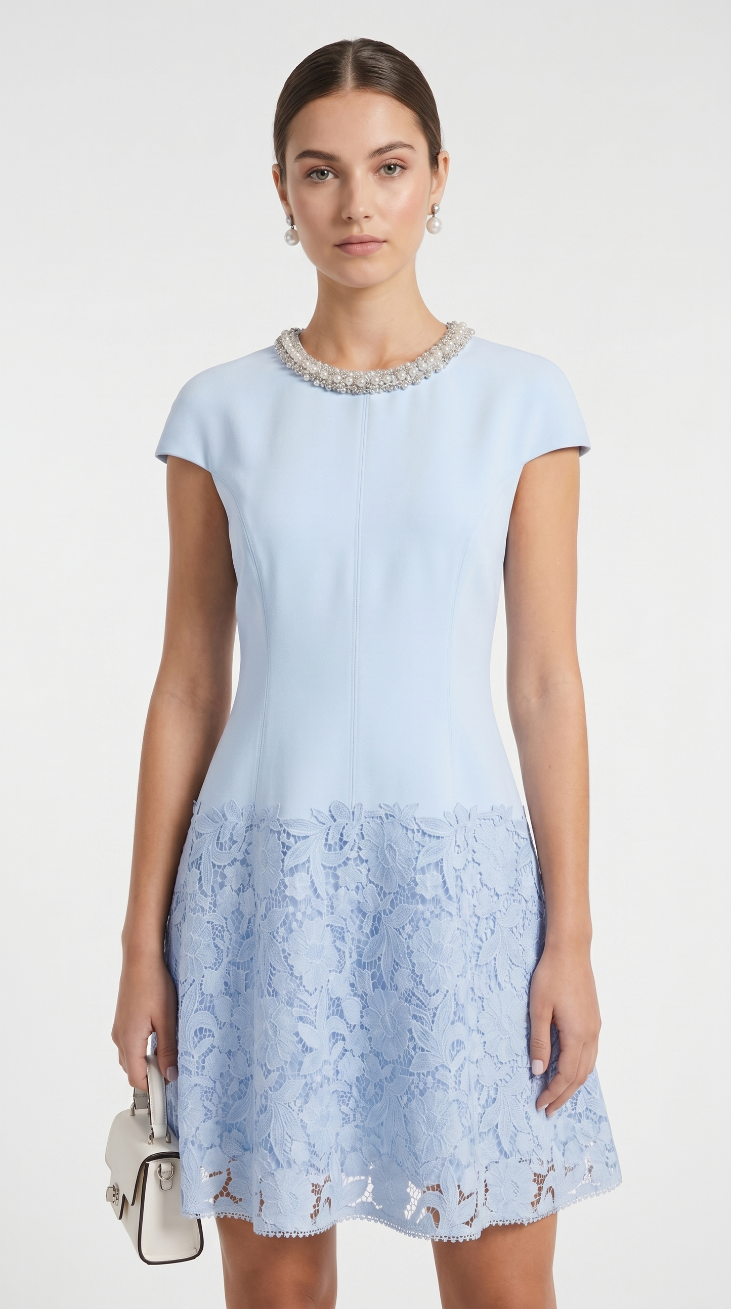 Elsi - Baby Blue Jeweled-Neck Lace-Overlay Mini Dress
