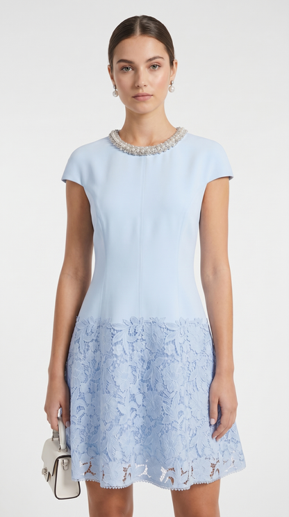 Elsi - Baby Blue Jeweled-Neck Lace-Overlay Mini Dress