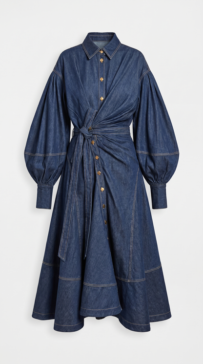 Sillo - Long Oversized Sleeves Dress Navy Blue Denim