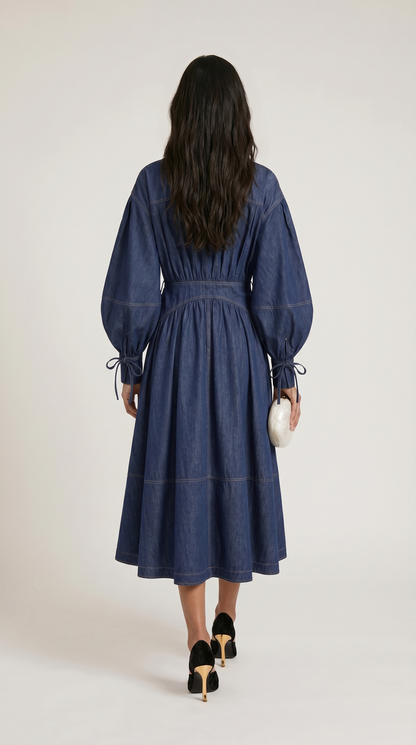 Sillo - Long Oversized Sleeves Dress Navy Blue Denim