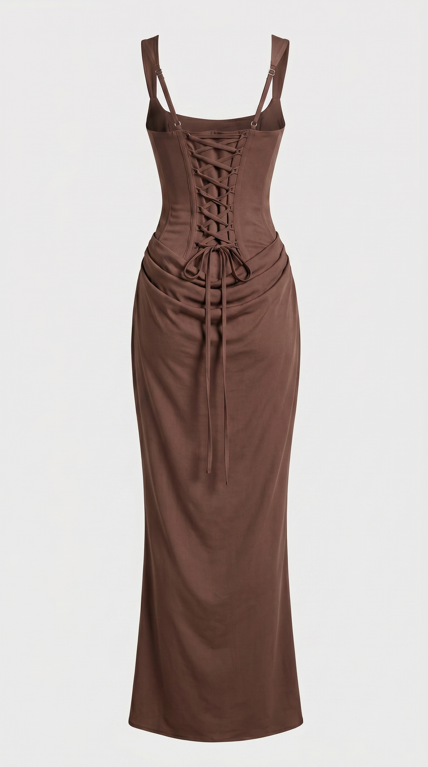 Aveline - Sculptural Fishbone Draped Maxi Dress Brown
