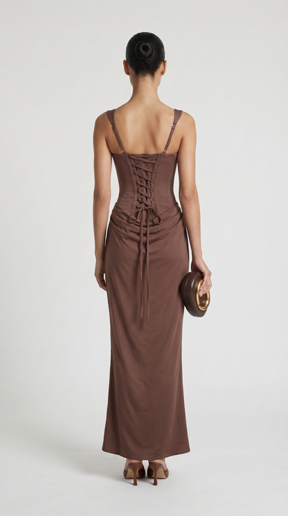 Aveline - Sculptural Fishbone Draped Maxi Dress Brown