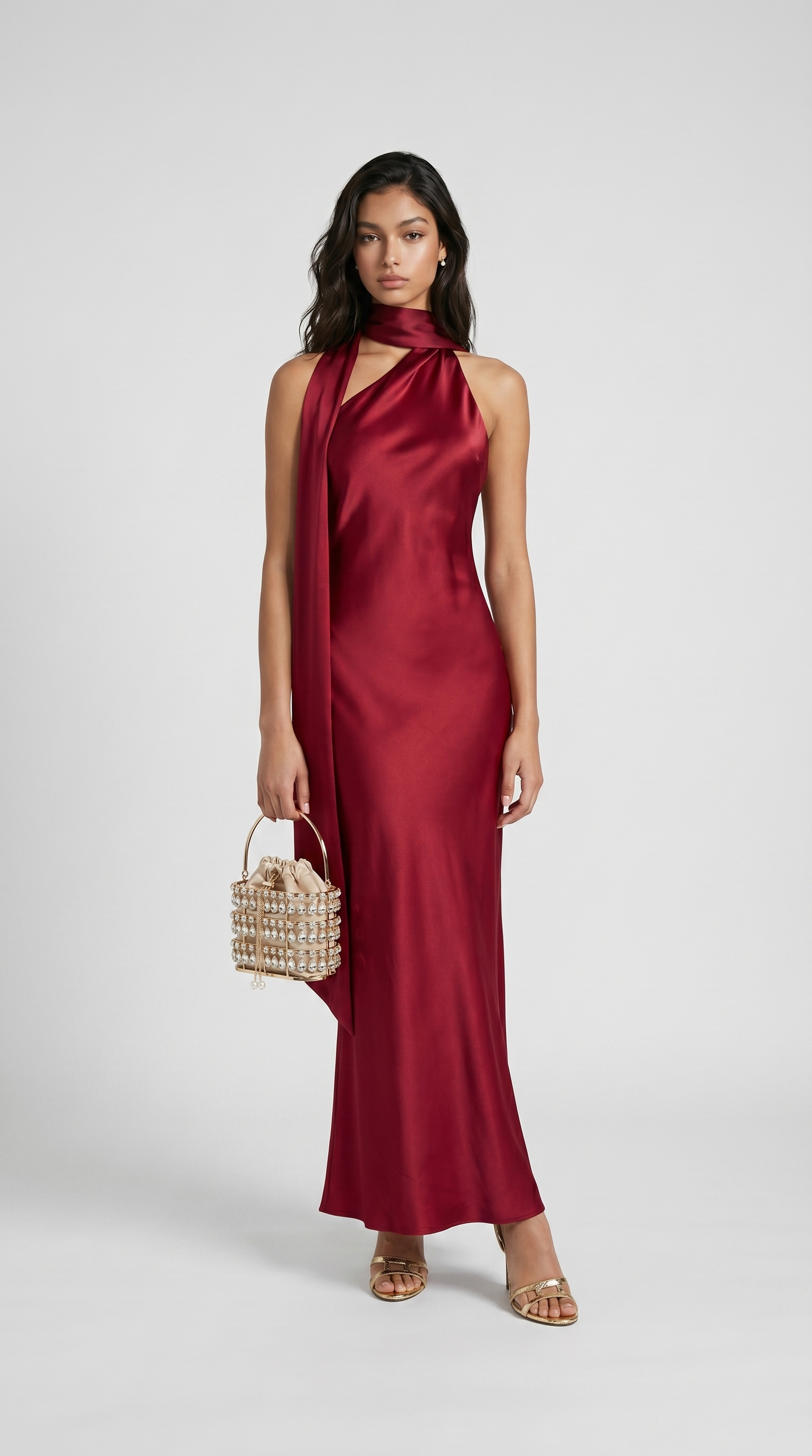 Iris - Elegant Ribbon Halter Satin Party Dress Wine Red