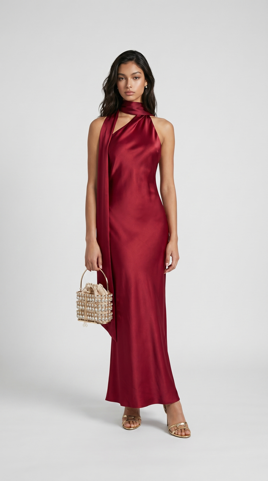 Iris - Elegant Ribbon Halter Satin Party Dress Wine Red