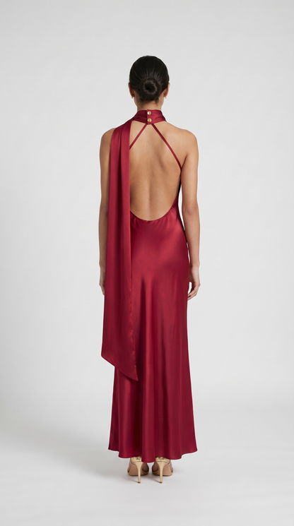 Iris - Elegant Ribbon Halter Satin Party Dress Wine Red