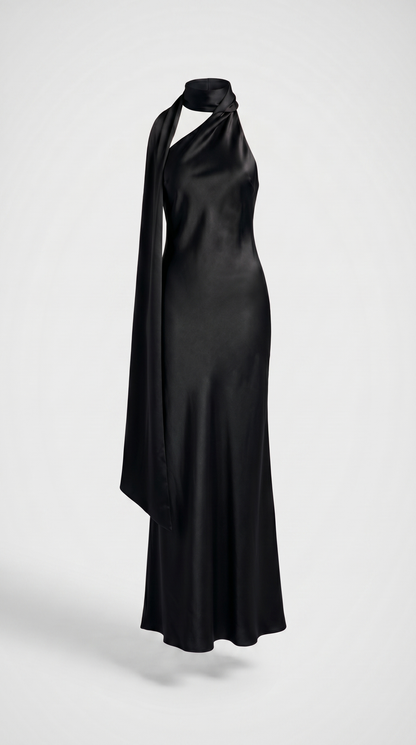 Iris - Elegant Ribbon Halter Satin Party Dress Black