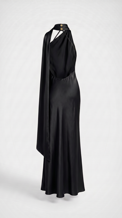 Iris - Elegant Ribbon Halter Satin Party Dress Black