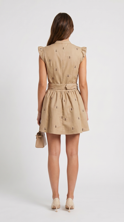 Ostra - Embroidered Bee Utility Mini Dress Khaki
