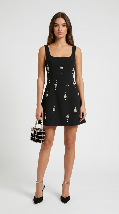Mona - Crystal-Embellished A-Line Mini Dress Black