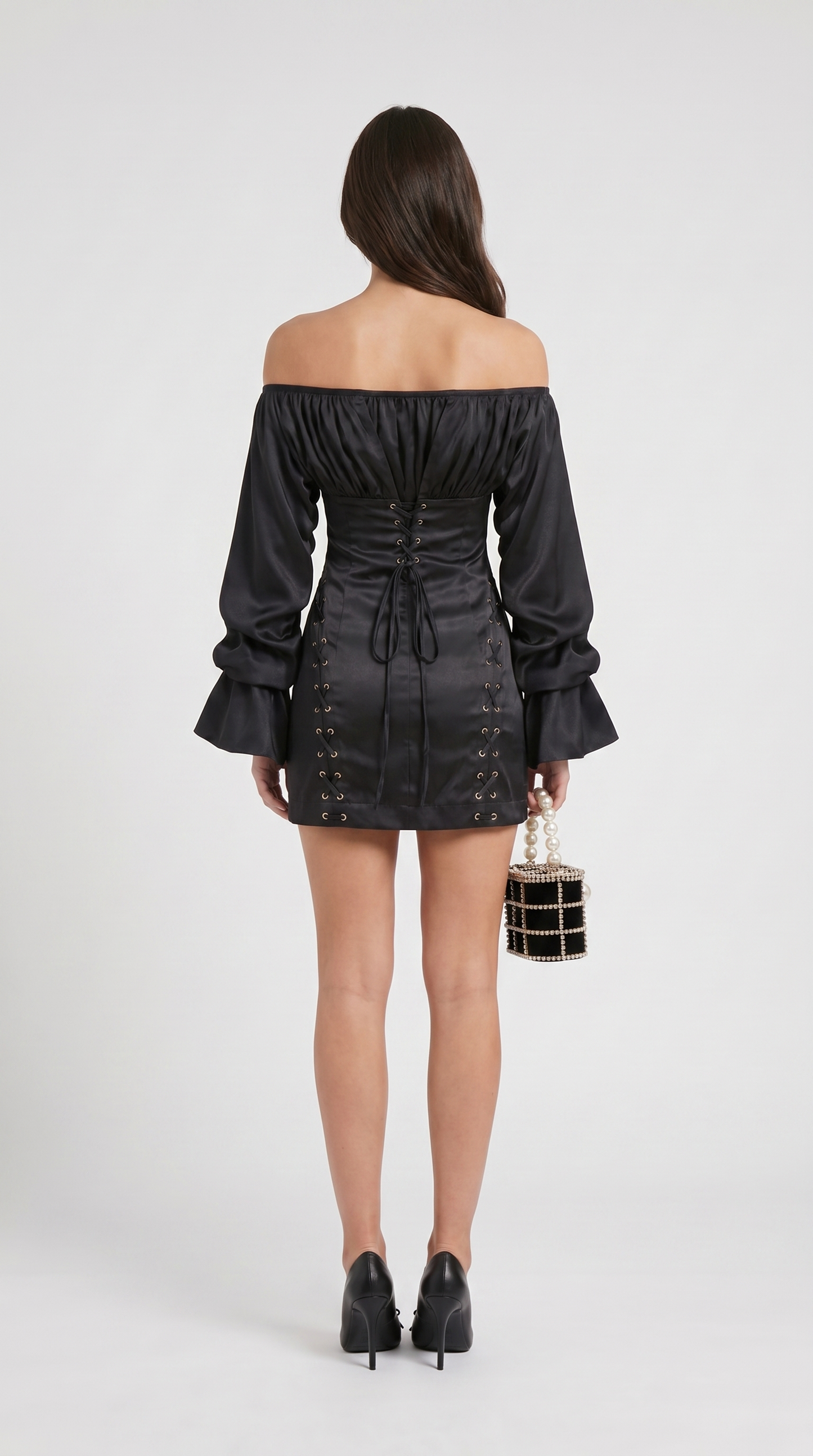 Diana - Off-the-Shoulder Lace-Up Corset Mini Dress Black