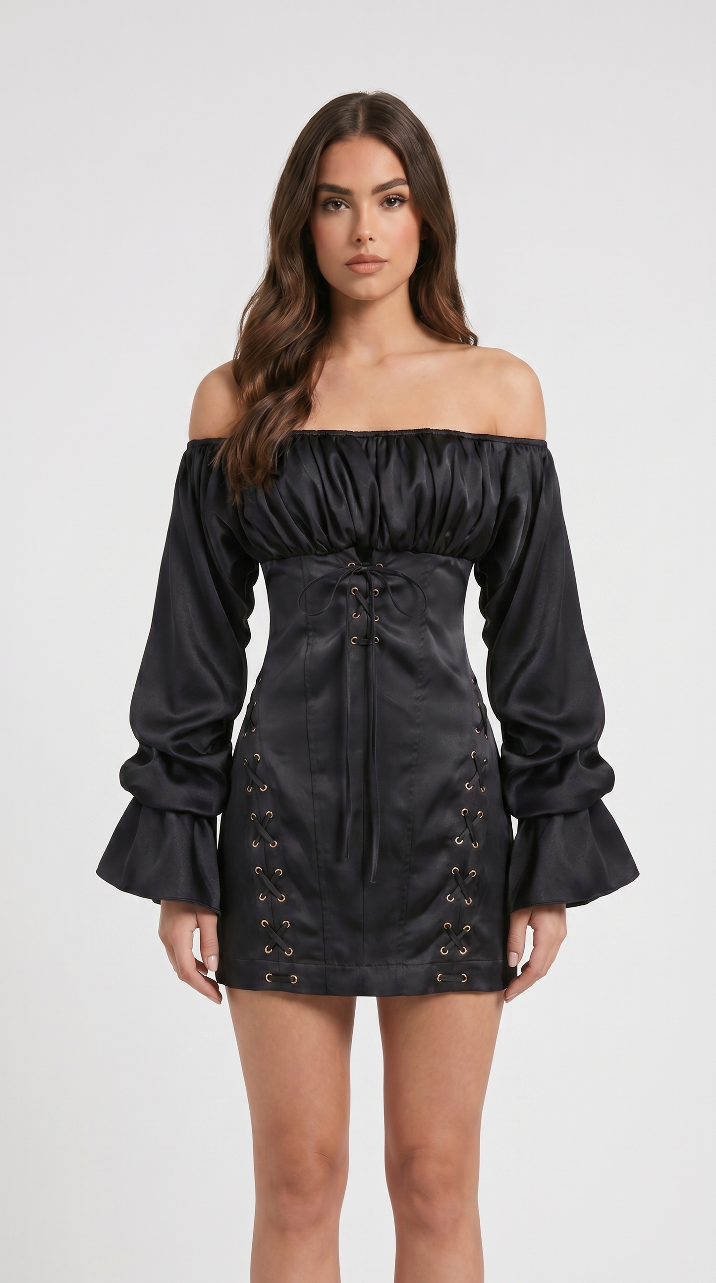 Diana - Off-the-Shoulder Lace-Up Corset Mini Dress Black