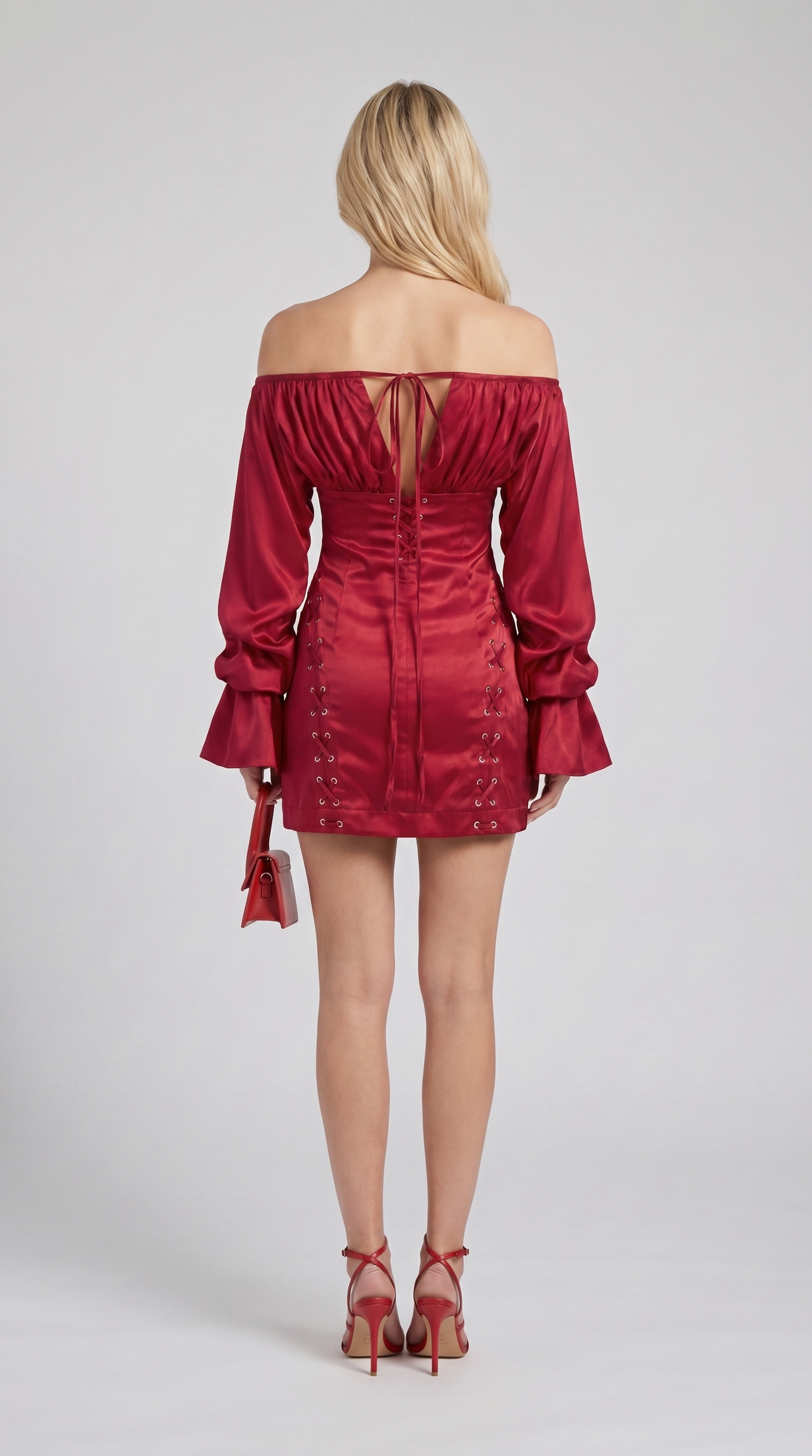 Diana - Off-the-Shoulder Lace-Up Corset Mini Dress Red