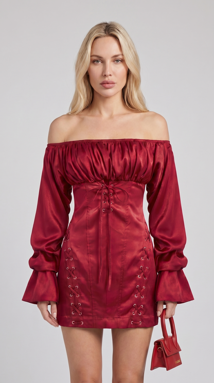 Diana - Off-the-Shoulder Lace-Up Corset Mini Dress Red