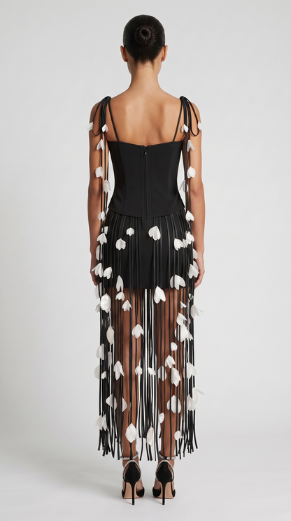 Dolly - Petal-Embellished Fringe Corset Maxi Dress