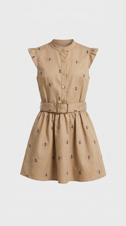 Ostra - Embroidered Bee Utility Mini Dress Khaki