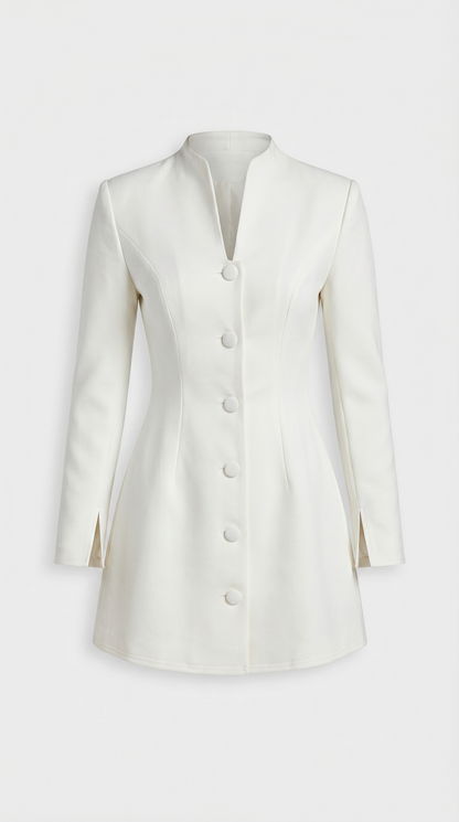 Savi - Stand-Collar Buttoned Office Blazer Dress White