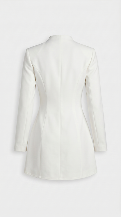 Savi - Stand-Collar Buttoned Office Blazer Dress White