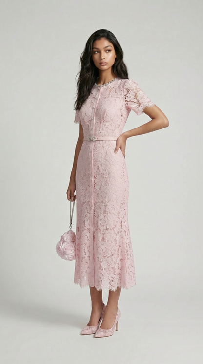 Nory - Elegant Pink Lace Fish-Tail Evening Gown