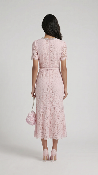 Nory - Elegant Pink Lace Fish-Tail Evening Gown