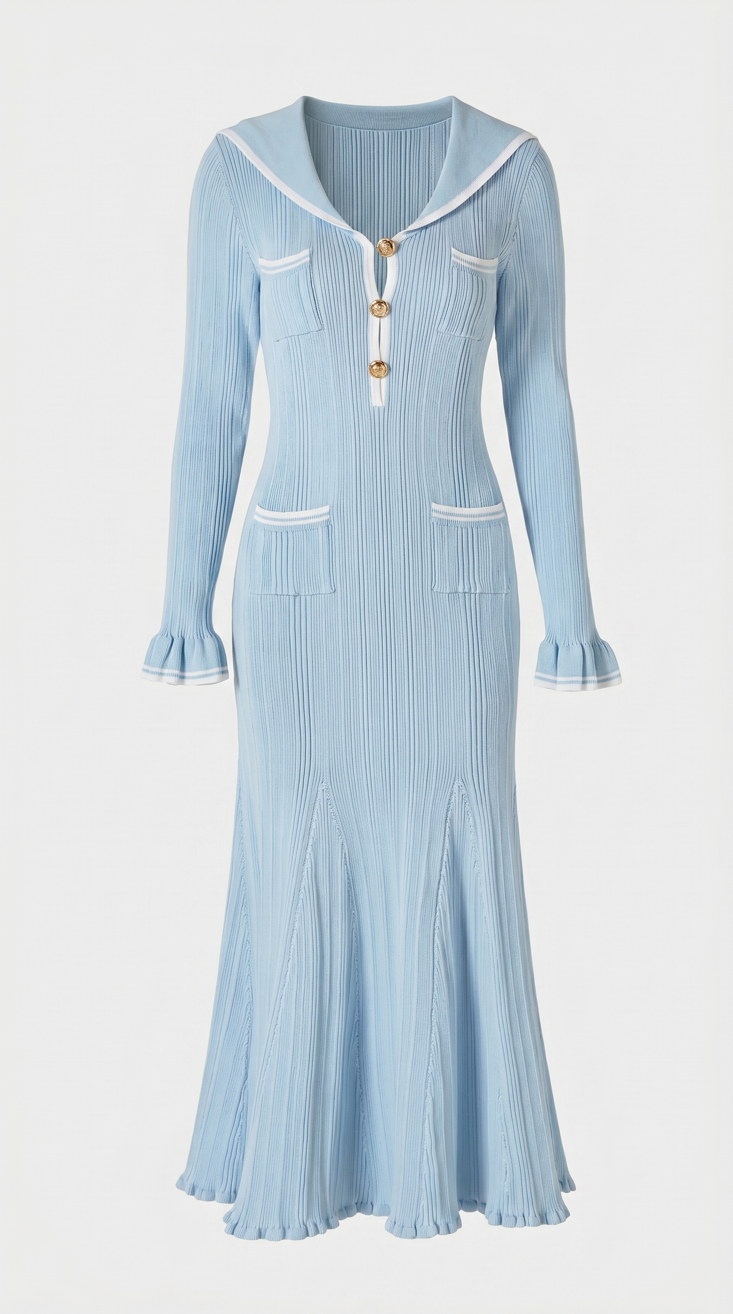 Lari - Ribbed Knit Sailor-Collar Maxi Dress Blue