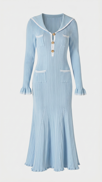 Lari - Ribbed Knit Sailor-Collar Maxi Dress Blue