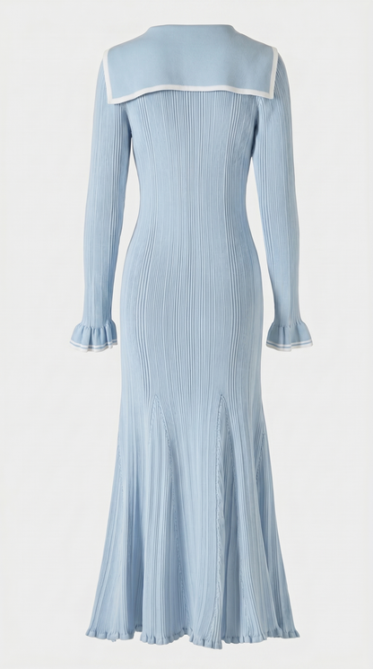 Lari - Ribbed Knit Sailor-Collar Maxi Dress Blue