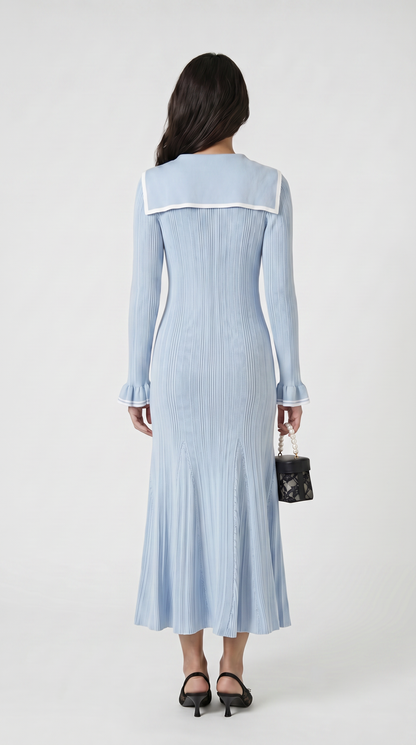 Lari - Ribbed Knit Sailor-Collar Maxi Dress Blue