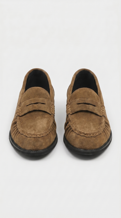 Costas - Ruched Leather & Suede Penny Loafer Camel