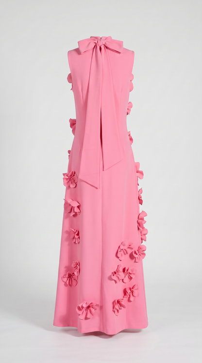 Conta - 3D Floral Appliqué Mock-Neck Maxi Gown Pink