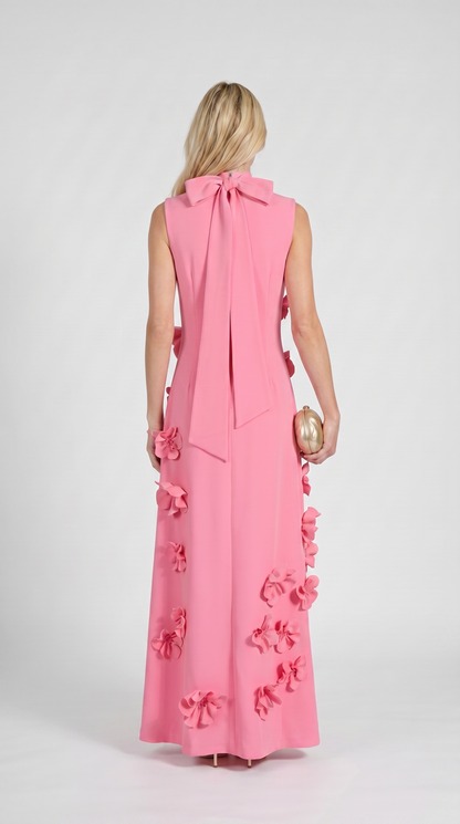 Conta - 3D Floral Appliqué Mock-Neck Maxi Gown Pink