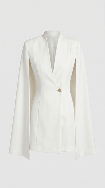 Larienne - Cape Dress with Deep V-Neckline and Statement Button White