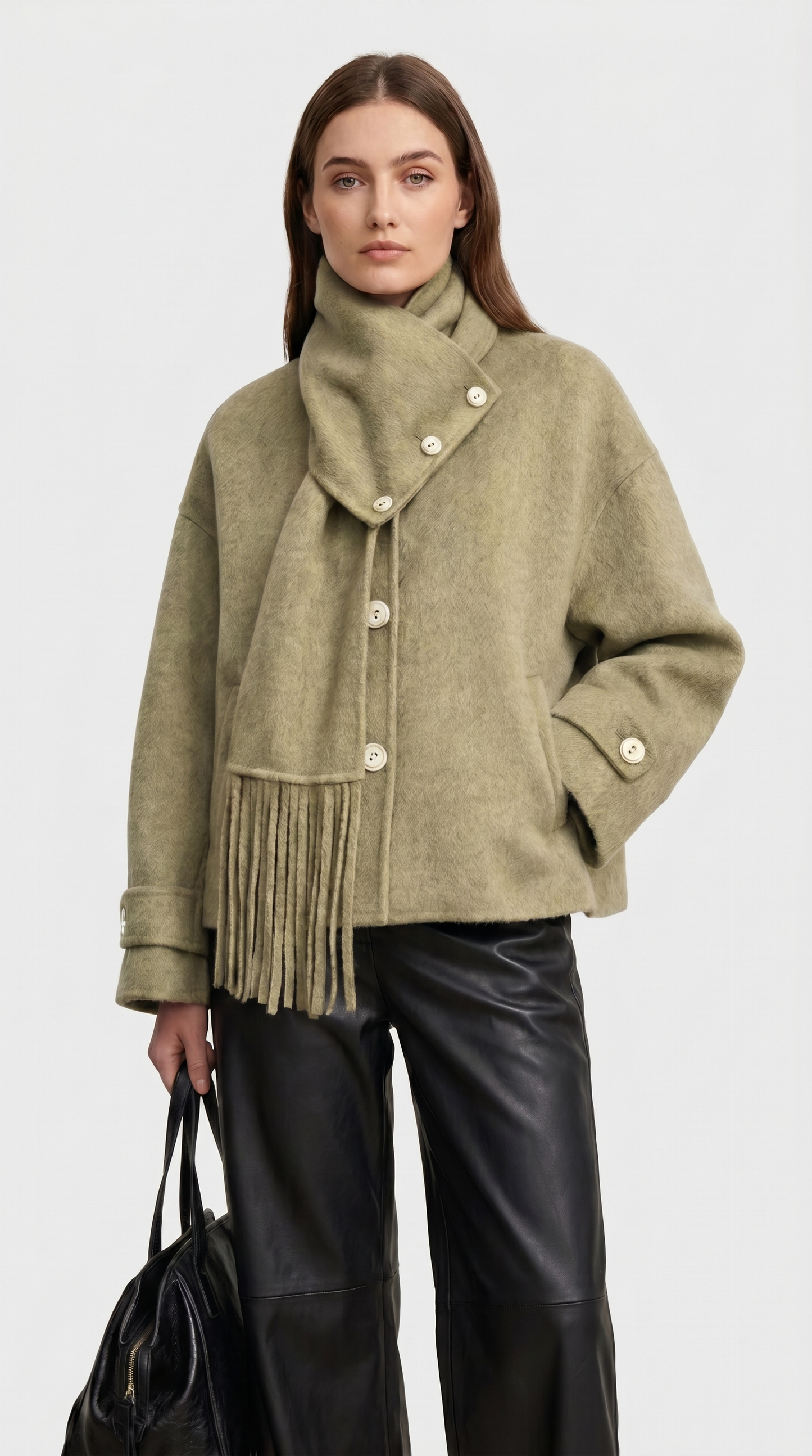 Chantrel - Natural Wool Jacket with Scarf Collar and Sculpted V-Neck