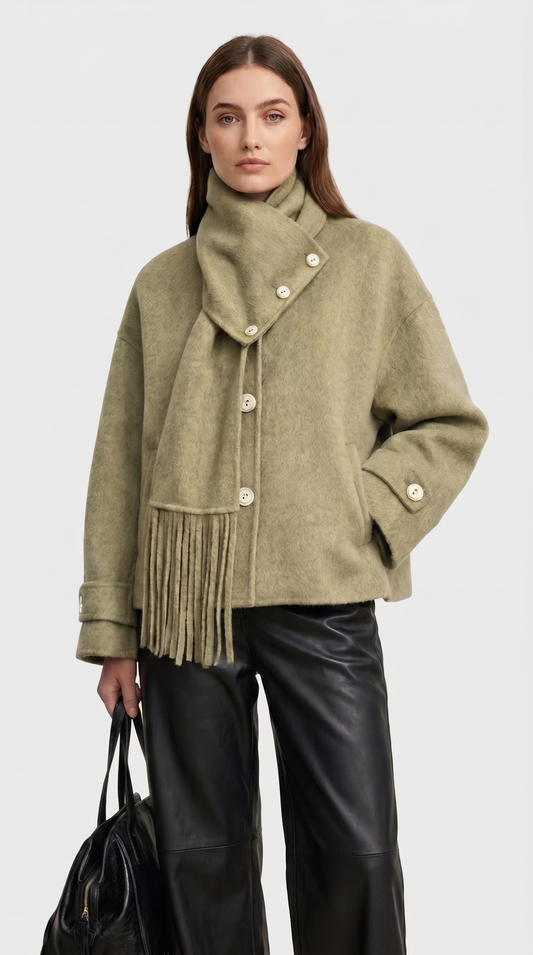 Chantrel - Natural Wool Jacket with Scarf Collar and Sculpted V-Neck